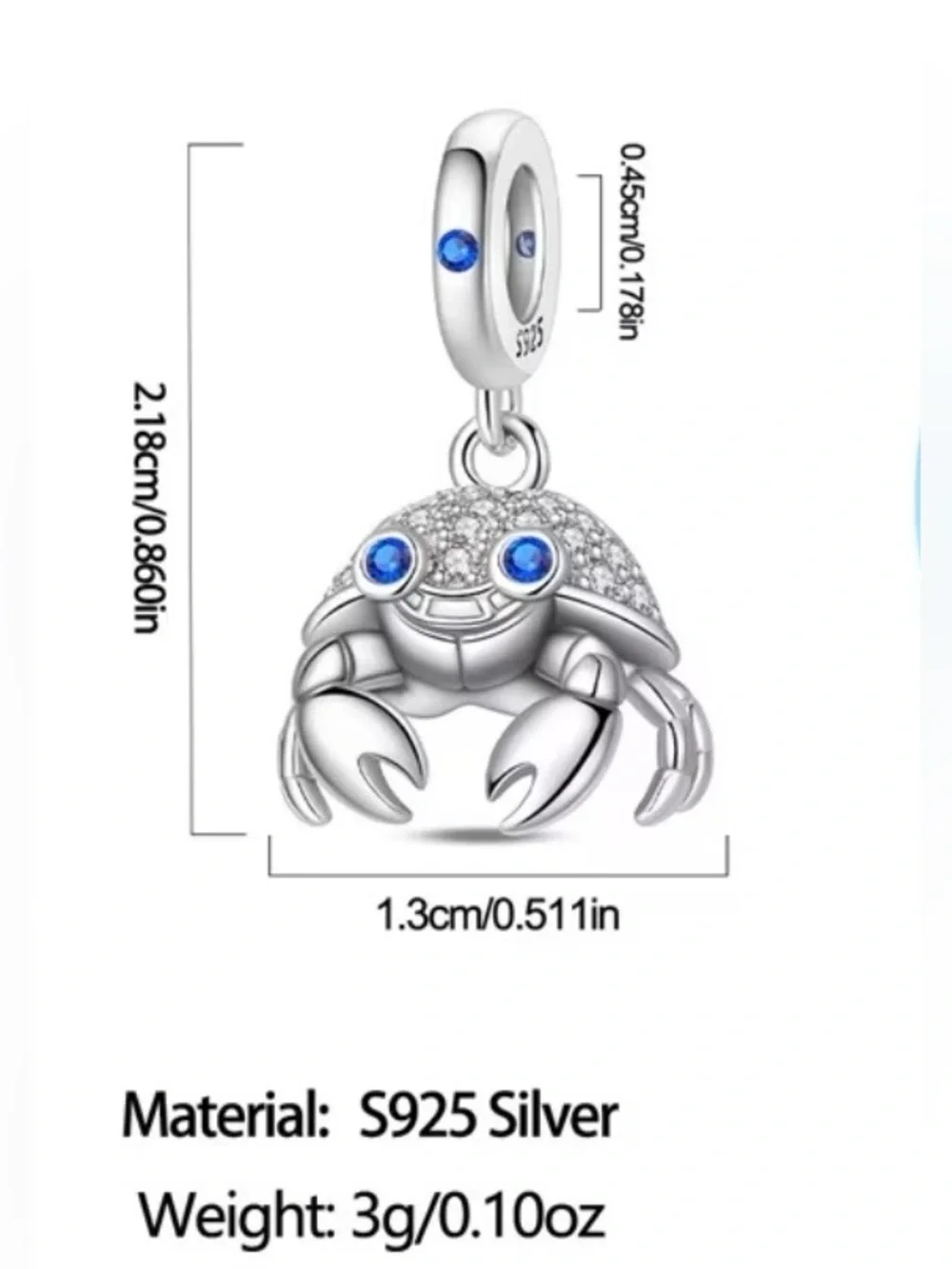 🦀 925 Sterling Silver Blue Crab Dangle Charm CZ Pavé